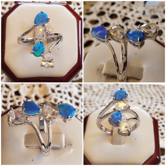 Genuine Blue Fire Opal/White Topaz Ring Size 9 - Picture 3 of 8